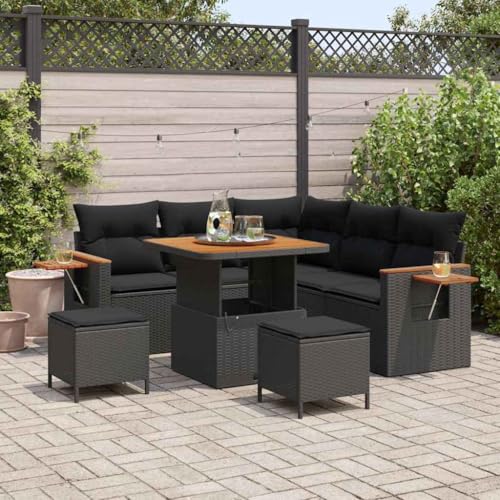 Frdhee Juego de muebles de balcón para exteriores, juego de sofás de jardín con cojines 8 piezas negras, muebles de balcón para balcón, terraza y zona de piscina