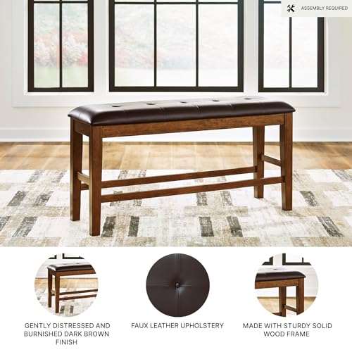 Image of Signature Design by Ashley Ralene Classic Tufted Faux Leather Upholstered Counter Height Dining Bench with Distressed Finish, Dark Brown