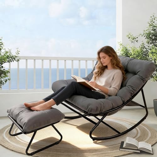 Fauteuil a Bascule avec Repose-Pieds, Chaise a Bascule avec Coussin Rembourré, Charge 150 kg, Cadre en Métal, Rocking Chair en Forme d'Oeuf, pour...