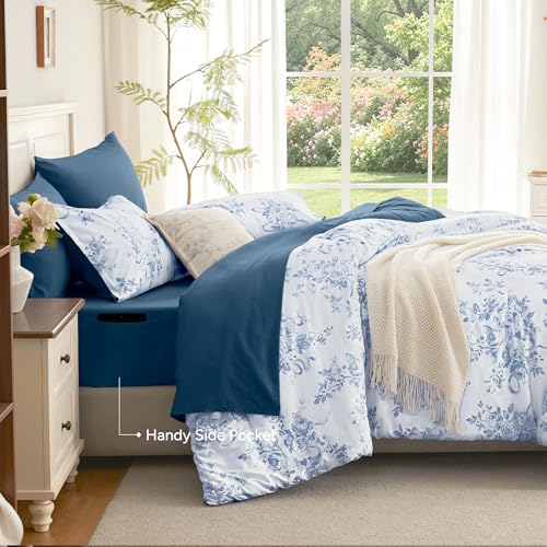 Image of Andency Floral Comforter Set Full Size, 7 Pieces Blue Flower Lightweight Bedding Set for All Seasons, Soft Vintage Bed in a Bag with Comforter, Sheets, Pillowcases & Shams