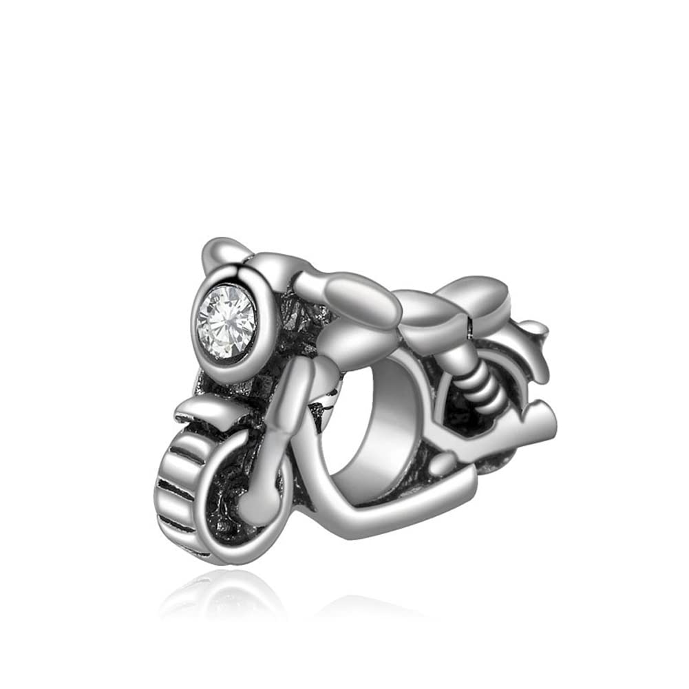 Motorcycle Charm - Authentic 925 Sterling Silver CZ Stone Beads - Fit DIY Charms