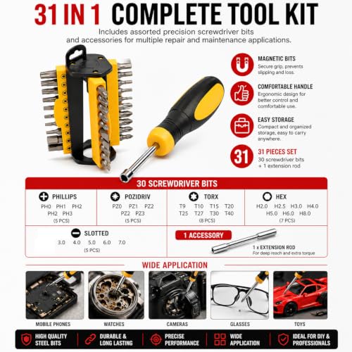 Image of Spartan 31 in 1 Precision Screwdriver Set | Compact Magnetic Repair Tool Kit with Assorted Bits & Storage Case for Mobile, Laptop, Watch, Camera, Electronics & DIY Use