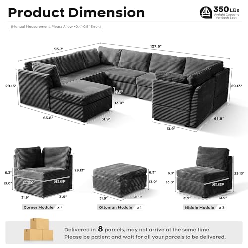 Image of ovios Modular Sectional Sofa Couch with Sofa Bed L-Shape Chaise, Comfy Plush Corduroy Cloud Couches, Modern Luxury Deep Seat Sofas Set for Living Room, 8-Seater, Grey