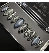 30Pcs Goth Press on Nails Medium Almond Fake Nails 3D Silver Alloy Chrome Glitter Design Y2k Glue...