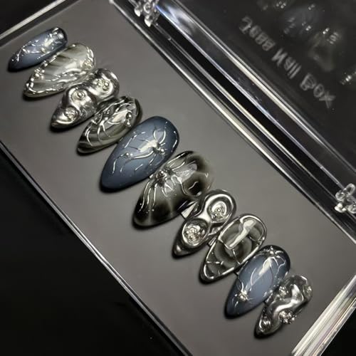 30Pcs Goth Press on Nails Medium Almond Fake Nails 3D Silver Alloy Chrome Glitter Design Y2k Glue on Nails Full Cover Glue on Nails Reusable Handmade Nails Black False Nails for Women Acrylic Nails