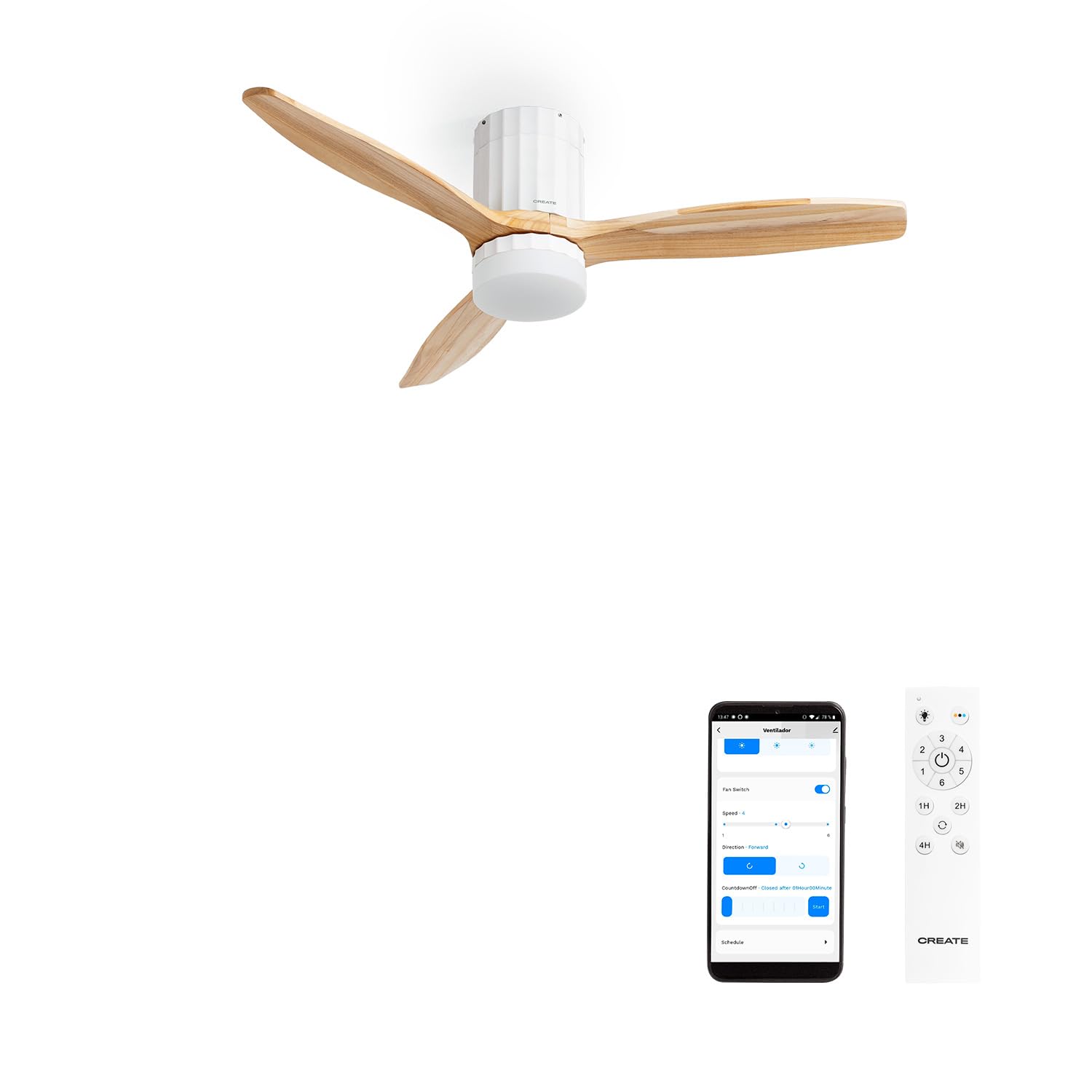 CREATE / WINDCALM LINE/Ventilatore da soffitto bianco con luce Wifi e telecomando, pale Legno chiaro linee verticali / 40W, Timer, Ø132 cm, 6 velocità, 3 temperature di luce, funzione estate-inverno