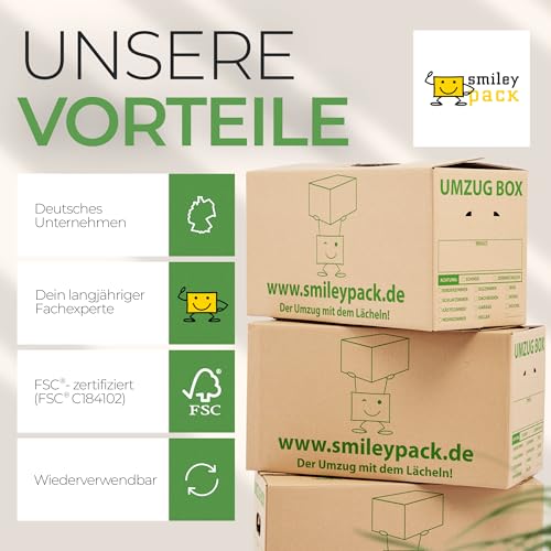 smiley pack stabile Umzugskartons - 620 x 300 x 330 mm - Extra groß - Umzugskiste 40kg Traglast - Umzug mit Karton-Box - Robuster Umzugskarton mit Deckel - Ordnungsboxen (10 Stück)