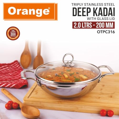 Image of Orange Triply Stainless Steel Deep Kadai with Glass Lid 2.0 litres Capacity (20 cm Diameter) | 20 cm Heavy Bottom with Cool Touch Handle | Silver (Induction and Gas Stove Friendly) | 5 Year Warranty
