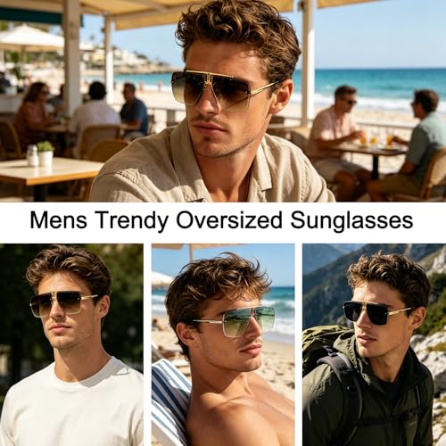 Image of Rimless Oversized Square Sunglasses for Men Trendy Fashion Big Shades Tinted Lens Gold Metal Frameless Glasses UV400