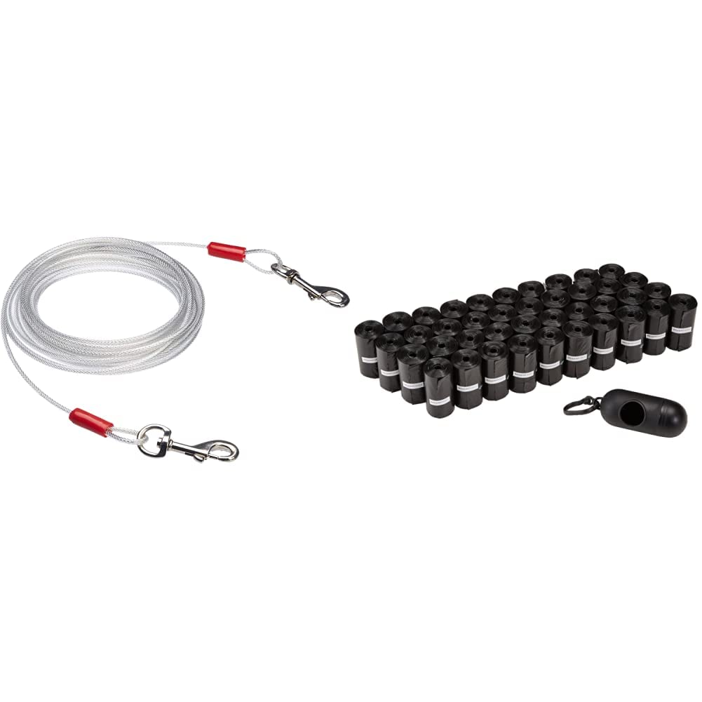 Amazon Basics 2590, Cable para Atar Perros (hasta 40 kg, 7,62 m), Blanco & Bolsas para excrementos de Perro con dispensador y Clip para Correa (600 Bolsas)