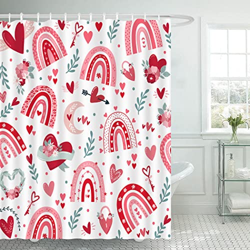 Cyrekud 72" X 72" Valentine's Day Rainbow Shower Curtain Red Love Heart Abstract Bathroom Set Spring Holiday Home Bath Bathtub Decor Durable Fabric Machine Washable With 12 Hooks #TOP1