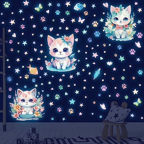 Glow in The Dark Stars for Ceiling Cat Wall Stickers Butterfly Wall Decals Stars Luminous Wall Decor for Boy and Girl Baby Kids Bedroom Living Room Nursery Blue