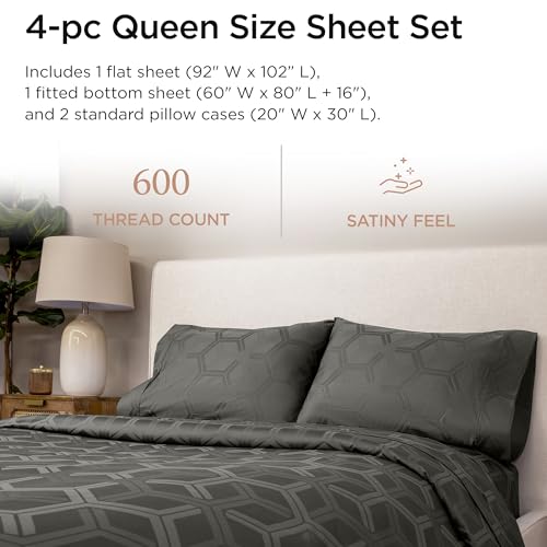 Image of Threadmill 100% Cotton Sheets for Queen Size Bed - 600 Thread Count Queen Bed Sheets Set with 16 inch Deep Pocket - Jacquard Sateen Weave 4-Piece Bedding Set with Cooling Effect, Dark Grey
