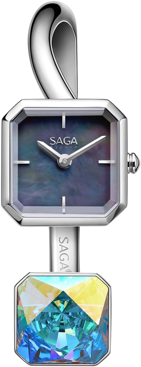 SAGA Light of Vendome Women's Luxury Cuff Bangle Quartz Watch, 20MM Square Case, Swiss Ronda Quartz Movement, 30M Water Resistant, 316L Stainless Steel Bracelet with Danube Crystals