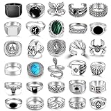 RIOSO Vintage Silver Punk Rings for Men Statement Skull Snake Biker Hippie Wing Signet Chunky Ring Cool Gothic Ring Set
