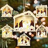 Anglechic 6 Pcs LED Nativity Scene Wooden Ornament 3D Christmas Religious Ornaments Rustic Light up Nativity Hanging Ornaments for Birth of Jesus Xmas Tree Christian Gift Holiday Party Decor(House)