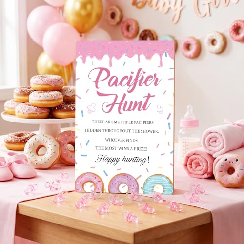 Image of Thyle 51 Pcs Donut Baby Sprinkle Decoration Pacifier Hunt Sprinkled with Love Donut Baby Shower Games Pink Themed Hunt Sign and 50 Acrylic Pacifiers Sets for Gender Reveal Party Favors Guest Supplies