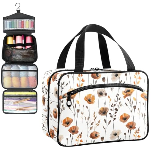 YNNALE Sewing Supply Organizer Bag, Farmhouse Watercolor Brown Poppy Flowers Portable Sewing Bags with Pockets&Hanger, Sewing Storage Box Case for Sew Supplies/Kit/Tools/Accessories (BAG ONLY)