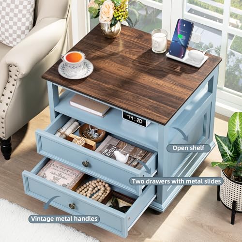 Farmhouse-Nightstand-Set-of-2-with-Charging-Station-24-Wide-End-Table-with-2-DrawersLight-Blue-Dresser-Cabinet-for-BedroomBed-Side-Table-Chest-of-DrawersNight-Stand-for-Living-Room Farmhouse Nightstand Set of 2 with Charging Station 24 Wide End Table with 2 DrawersLight Blue Dresser Cabinet for BedroomBed Side Table Chest of DrawersNight Stand for Living Room