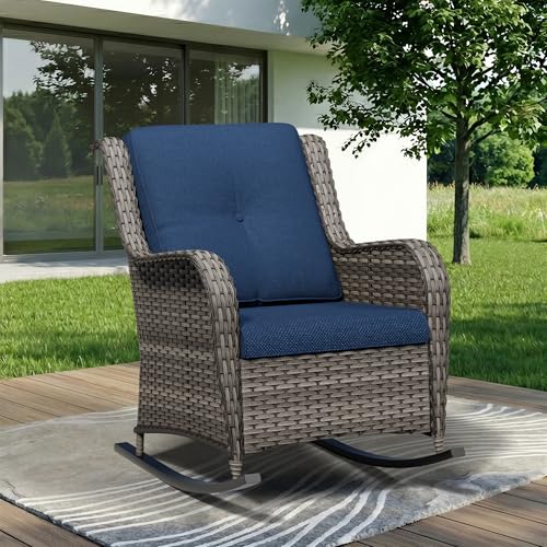 Image of Outdoor Rocking Chair, Wicker Patio Chair with Thickened Olefin Cushions, High Back and Deep Seating, Hand-Woven PE Rattan for Porch, Deck, Balcony, Blue