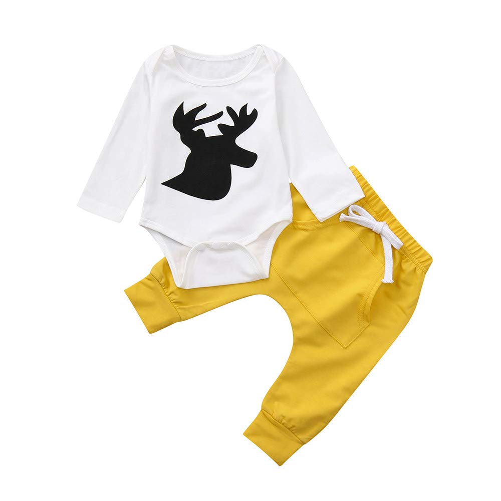 SUNBIBE👻Newborn Baby Boys Clothes Deer Print Long Sleeve Romper,Solid Pant with Pocket 2pcs Outfits Set for 0-24 Months