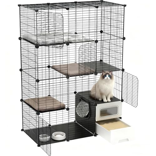 Cat Cage Indoor with Litter Box 4-Tier DIY Cat Crate, Cat Playpen Indoor & Outdoor Detachable Metal Wire Large Exercise Place Ideal