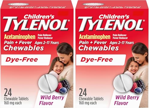 Tylenol Children's Dye-Free Chewables, 160 mg Acetaminophen Pain Reliever & Fever Reducer for Kids' Cold + Flu Symptoms, Headache, Sore Throat & Toothache, Aspirin-Free, Wild Berry, 24 ct (Pack of 2)