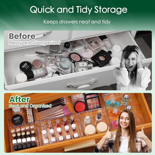 Image of Criusia Drawer Organizer Set, Acrylic Non Slip Non Cracking Kitchen Drawer Storage Tray Large Size Divider, Multifunctional Storage for Cosmetics, Bathroom, Tools, Kitchen and Office (8 PACK)