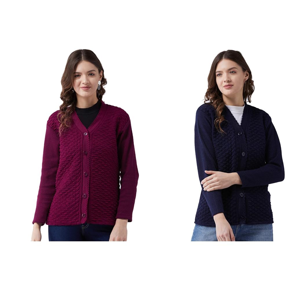 pivl Self Design V Neck Casual Women Sweater/Cardigan for Winter (Move, Large) Women's Blended V-Neck Cardigan Sweater (PV502_Navy-picture-29