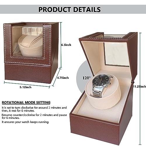 Image of Single Watch Winder for Automatic Watches, Super Quiet, in Wood Shell and Black Leather /Carbon Fiber Leather, Japanese Motor