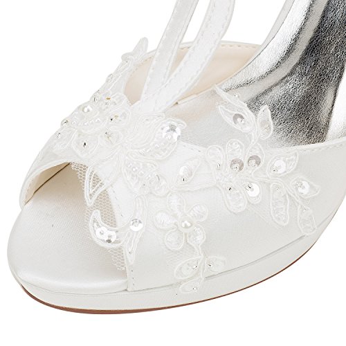 Emily Bridal Wedding Shoes Women's Silk Like Satin Stiletto Heel Peep Toe Platform with Stitching Lace Pearl - Image 4