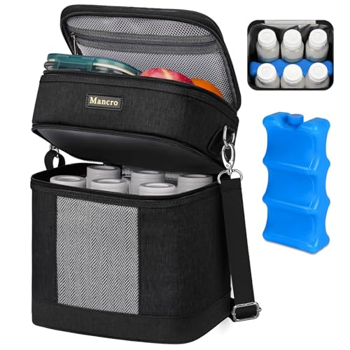Image of Mancro Breast Milk Cooler Travel Bag with Ice Pack, Double Layer Baby Bottles Bag for Daycare Fits 6 Baby Bottle up to 9 Ounces, Breast Pump Bag for Nursing Moms with Shoulder Strap, Black