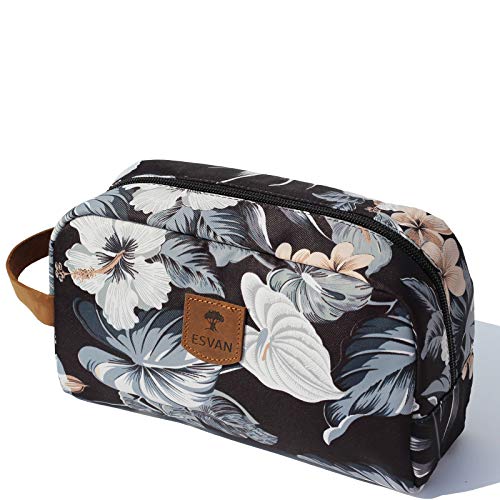 ESVAN Large Makeup Bag Water Resistant Purse Travel Toiletry Bag Organizer Pouch Cosmetic Bag with Zipper and Genuine Leather Handle (Black leaf) - Image 3