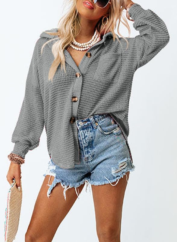 Image of Dokotoo Womens Waffle Knit Shacket Jacket Casual Button Down Shirts Tops | Long Sleeve,Loose Fit,Boyfriend Style,Collared V Neck,Fall Cardiga,Outwear with Pockets