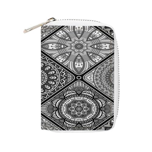 Women Leather Coin wallet, Key Change Organizer Zipper Card Holder Purse Clutch Pouch Pocket 4.5x3.15 in Print Motifs Tribal Mandala Floral Flower