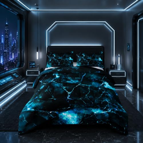 Image of Nttopship Blue Comforter Set King Size,Blue Marble Bedding Set 3 Pcs Bedding for Adults, Marble Room Decor with Comforter and 2 Pillowcases Soft and Lightweight B-Side Black