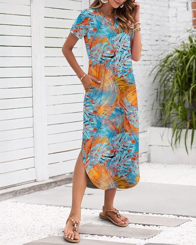 Image of MISFAY Women's Summer Maxi Dress 2026 Casual Short Sleeves V Neck Loose Sundress Split Long Beach T Shirt Dress