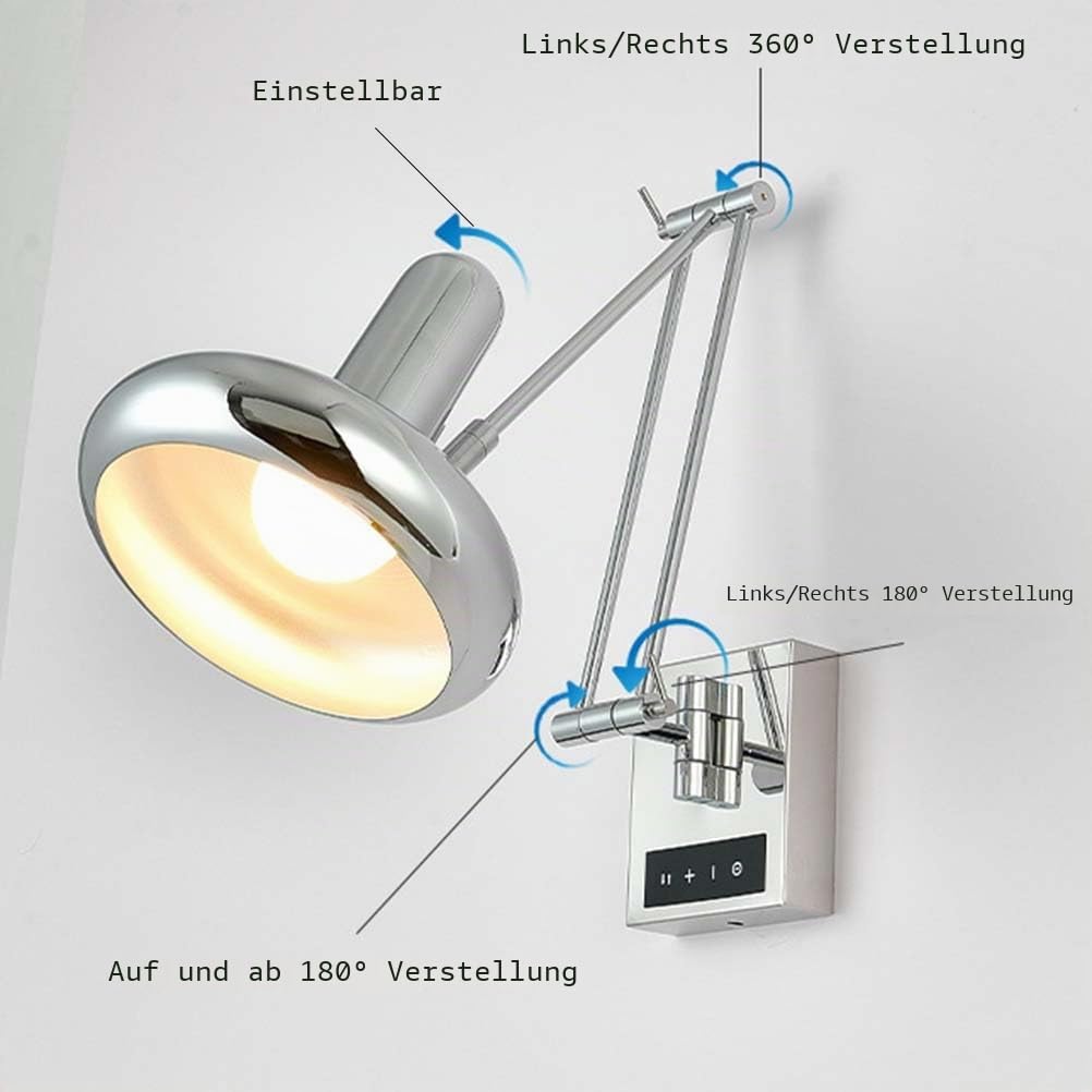 AoLa Chrom Wandleuchte Innen Schwenkarm Wandlampe mit Schalter Touch Dimmbar Langer Arm Leselampe Verstellbar Vintage Industrial Nachttischlampe Ausziehbar E27 Retro Wandbeleuchtung,Chrome