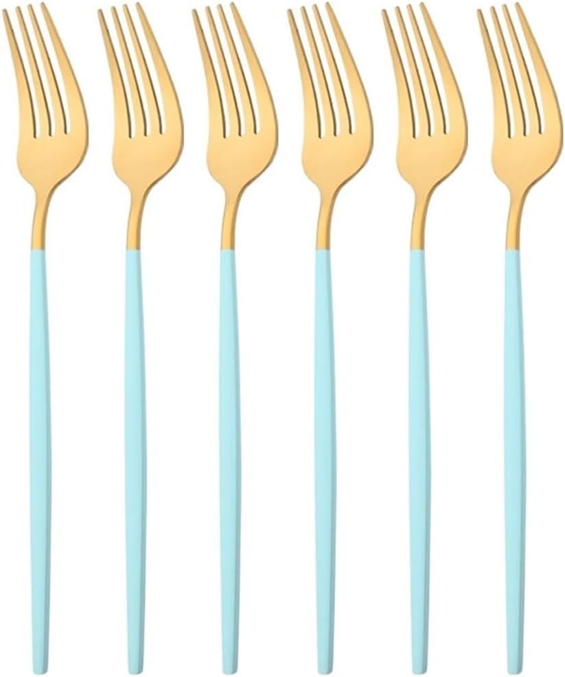 6Pcs Mint Gold Stainless Steel Cutlery Dinnerware Set Butter Knives Fork Coffee Spoon Long Spoons Tableware Set Kitchen Flatware (Color : Dinner Fork silver-21.5cm)