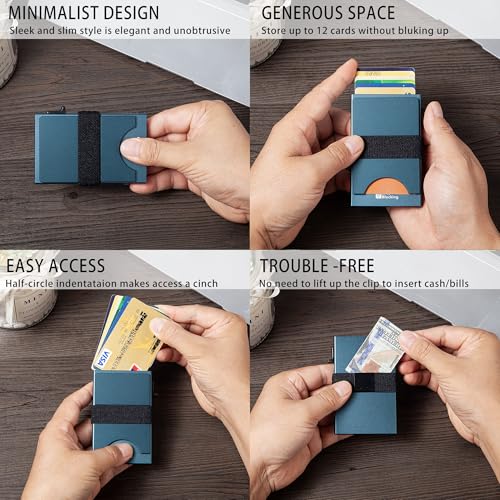 Image of Card Holder Wallets for Men | Slim Aluminum Wallet | RFID Blocking Minimalist Metal Pop Up Wallet | Money Clip & Cash Band | Expandable Compact Plate | Men's Accessories & Gifts for Men,Navy