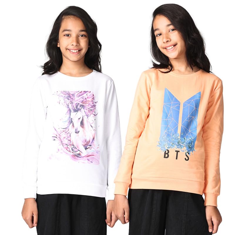TotzTouch Girls Sweatshirts Cotton Graphic Printed Designs Unicorn | BTS | Wild Floral Horse Pack of 1 Age 3 Years to 16 Years Winter Collections