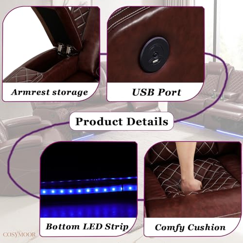 Image of Leather Power Reclining Sectional Sofa Set with LED Light,L Shaped Leather Sectional Recliner Couch Set with 5 Recliner Seats,Modular Sofa with USB Port,Cup Holder,Storage for Living Room Furniture