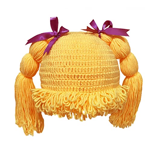 BIBITIME Knitted Pigtail Wig Beanie Handmade Women Girls Braid Hat Bowknot Cap (Yellow One Size)