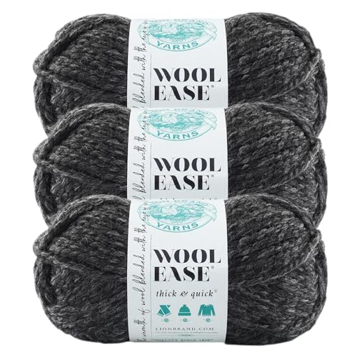 Image of Lion Brand Yarn Wool-Ease Thick & Quick Yarn, Soft and Bulky Yarn for Knitting, Crocheting, and Crafting, 3 Pack, Charcoal | Super Bulky Wool Acrylic Blend Fiber for Soft Hats, Sweaters, Chunky Blankets, Yarn for Crochet, Knitting, Crafts, Weaving
