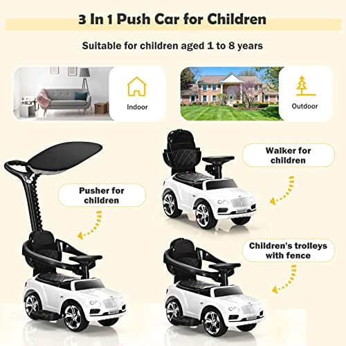 GYMAX 3 in 1 Ride on Push Car, Kids Licensed Bentley Push Along Car with Handle, Adjustable Canopy, Guardrails, Music & Lights, Underneath Storage, Toddler Sliding Car for 1-8 Years Old (White)