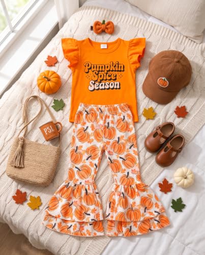Image of Unique Baby 2 Piece Girls Double Bell Bottom Leggings Outfit with Short Sleeved Shirt Kid and Toddler Clothes Set
