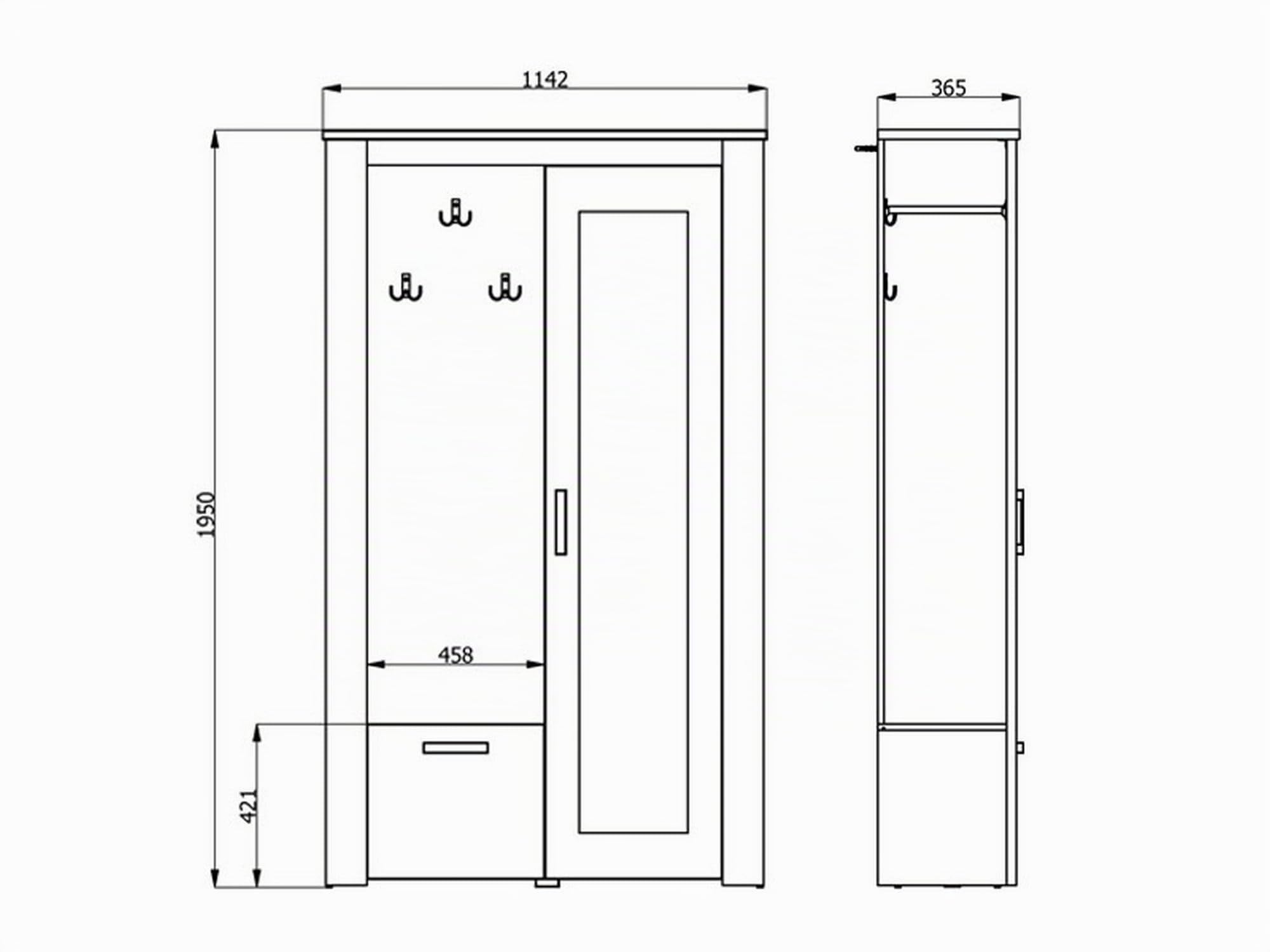 Dmora Mobile da Ingresso Kisaya 114x37x195h cm Bianco Larice Specchio Incluso 5 Ripiani, Appendiabiti