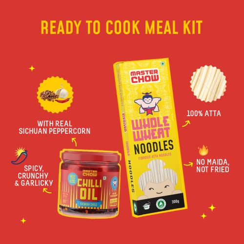 Image of MasterChow Sichuan Chilli Oil Whole Noodle Pack - Spicy & Crunchy Chilli Oil Dip With Healthy Whole Wheat Noodles | 100% Veg & All Natural In Just 10 Minutes | Serves 4-5 Meals, 830 Gram