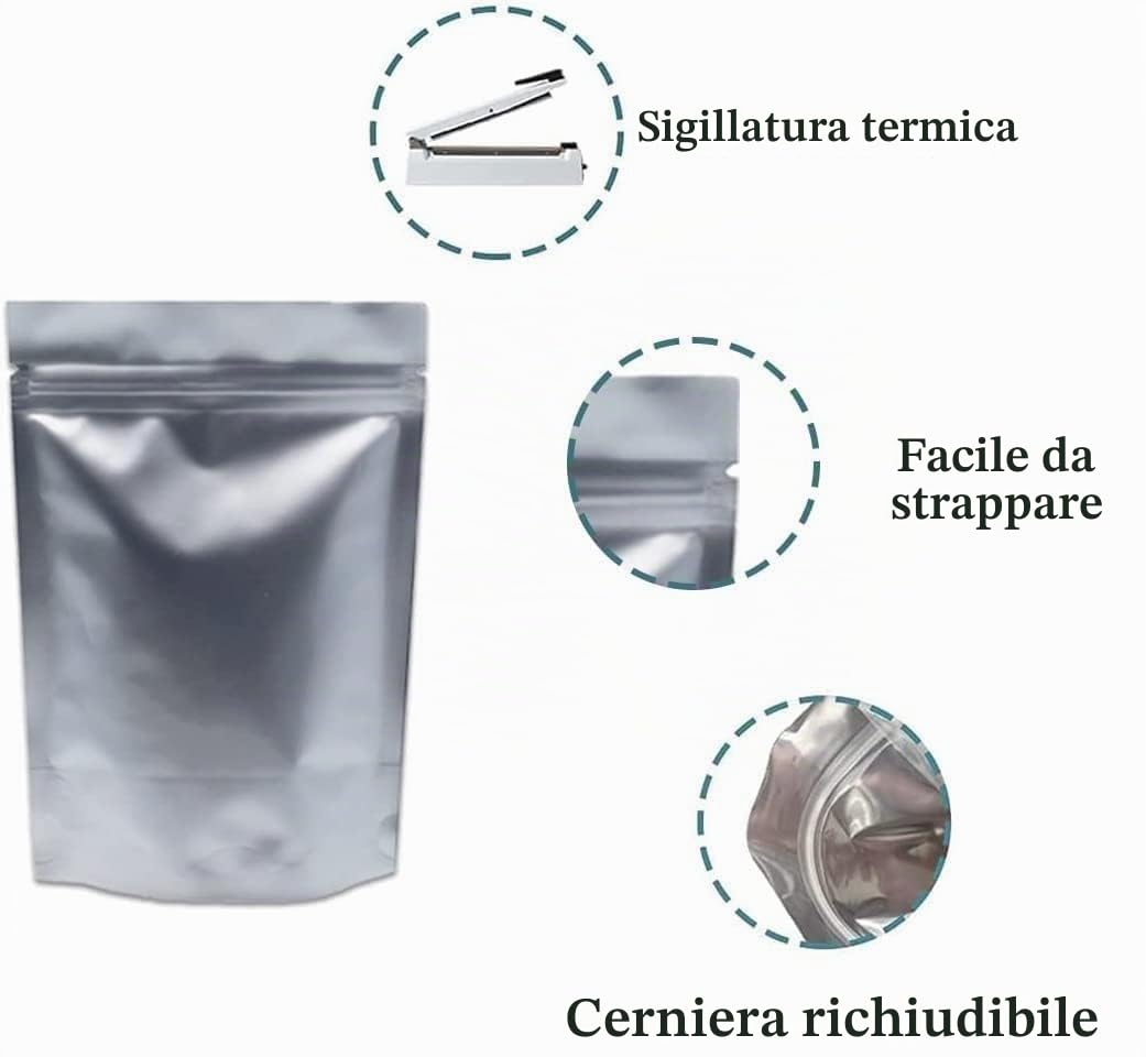 50 pezzi argento puro alluminio Stand Up Mylar Bags sacchetti per alimenti con chiusura lampo sigillatura a caldo sacchetti per imballaggi a prova di odori 9x13cm (3,5 x 5,1 pollici)