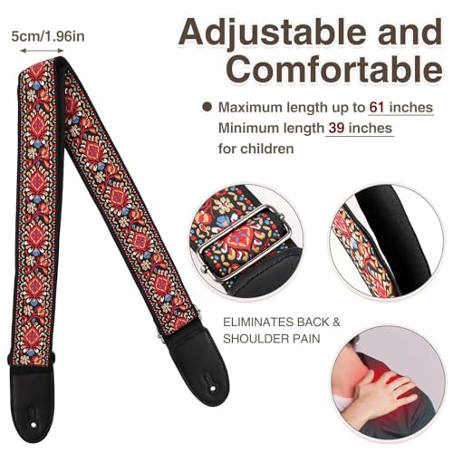 WLLHYF Sangle de guitare vintage large broderie rouge sangles réglables en cuir pour guitares électriques, basses, acoustiques, femmes et hommes, accessoires de guitaristes, Rouge, 89-155cm x 5cm - Les Beatles, Paul McCartney, John Lennon, RIngo Starr, George Harrison WLLHYF Sangle de guitare vintage large broderie rouge sangles réglables en cuir pour guitares électriques, basses, acoustiques, femmes et hommes, accessoires de guitaristes, Rouge, 89-155cm x 5cm – Image 4